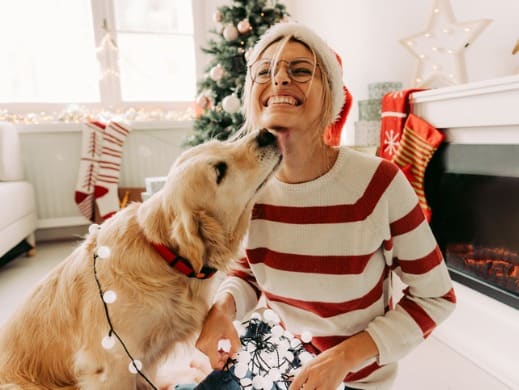 Woman and dog Christmas lights